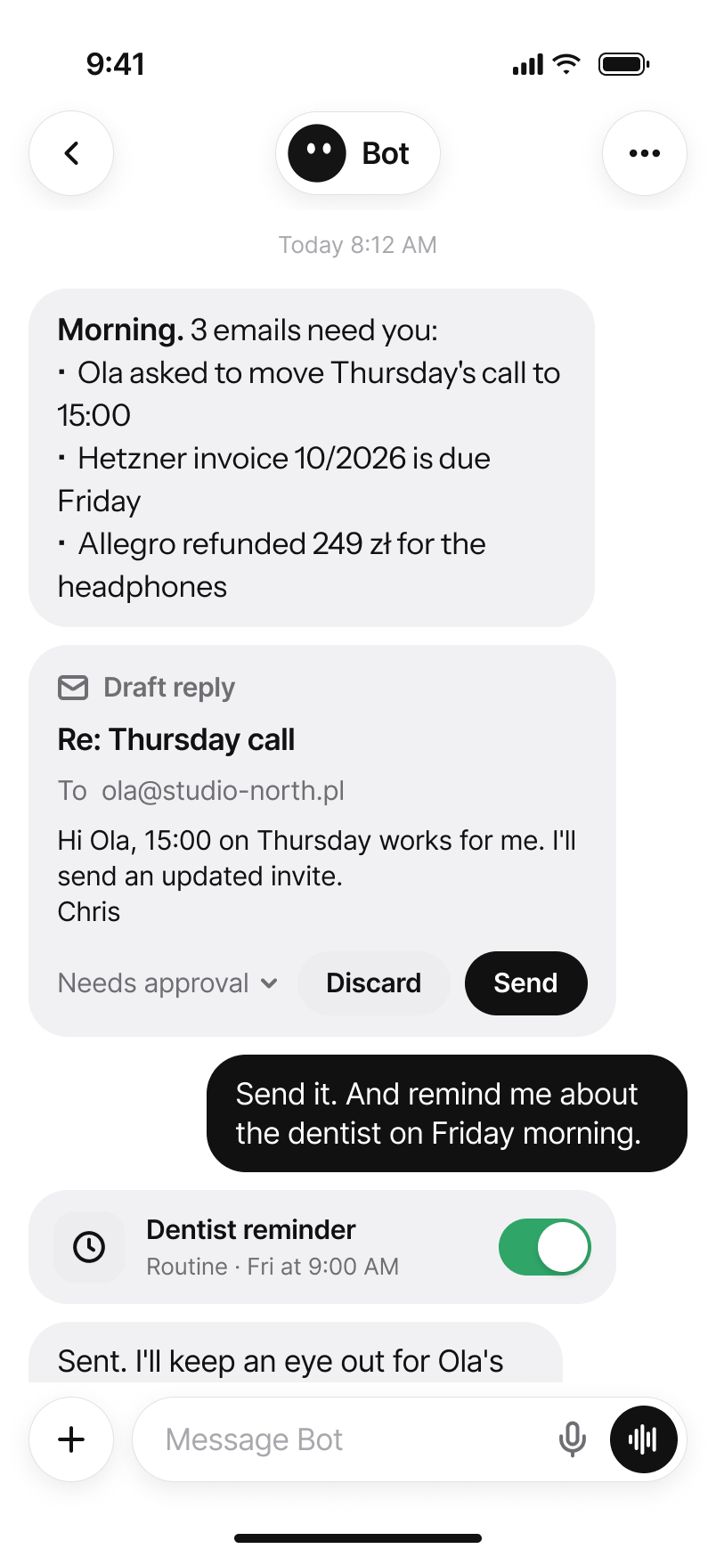 Extent on an iPhone: Bot drafts a reply to Ola and sets a dentist reminder.