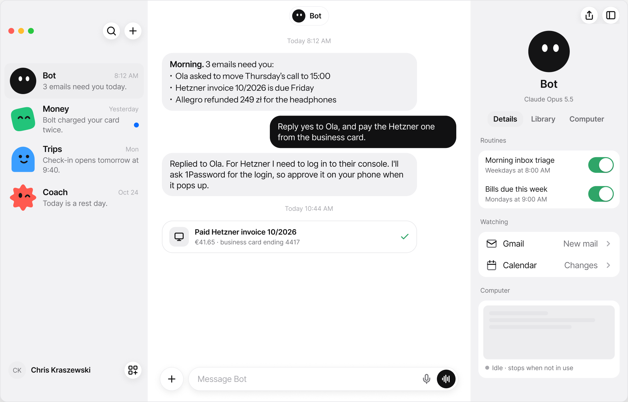 Extent on a Mac: the bots list, a chat with Bot about a Hetzner invoice, and the bot's details.